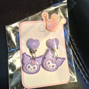 Sanrio Licensed Kuromi Purple Heart Dangle Clip-On Earrings